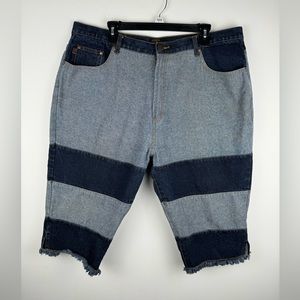Crest Jeans Denim Long Length Striped Shorts Size 21/22 Frayed Hem Color Block
